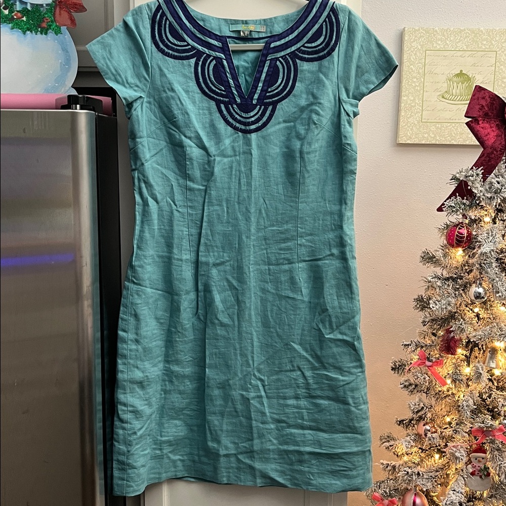 Boden Aqua Blue Mini Dress with Navy Accents